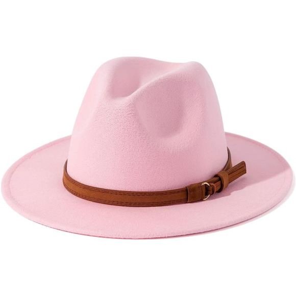 Men Women Vintage Wide Brim Fedora Hat with Belt Buckle Pink